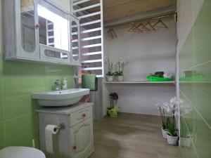 a bathroom with a sink and a mirror at Villa Sette Nani in Torre Lapillo +37 photos