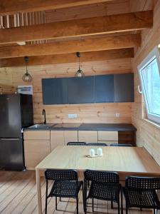 a kitchen with a table and chairs and a refrigerator at Na Spontanie in Sąpłaty
