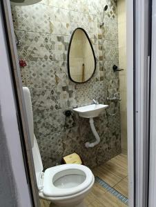 a bathroom with a toilet and a sink and a mirror at Apartment Sekulovski in Ohrid