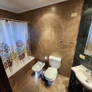a bathroom with a toilet and a sink at Merlo Trail Lodge in La Porteña