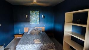 Jolie maison avec spa exterieur في مونبلييه: غرفة نوم زرقاء مع سرير بجدار ازرق