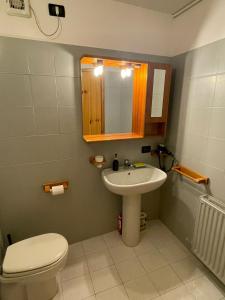 a bathroom with a sink and a toilet and a mirror at Carola Dodici in Mezzana +7 photos
