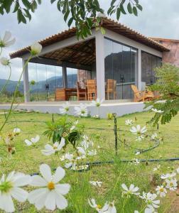 a house on a hill with flowers in the foreground at Lowango in Mucugê
