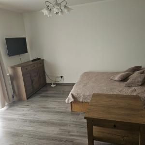 a bedroom with a bed and a dresser and a television at Apartament Komorniki - Osiedla na Skraju Lasu in Komorniki