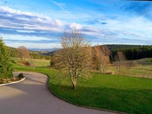 a winding road with a tree on the side of the road at Peaceful Forest Getaway in Altenfeld