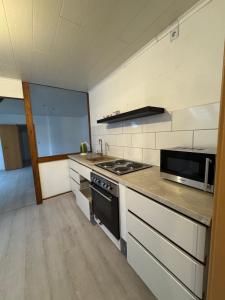 a kitchen with a stove and a microwave at Platin Apartment in Wuppertal