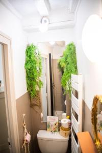 une salle de bain avec toilettes et miroir dans l'établissement Charm and comfort, à La Celle-sous-Gouzon