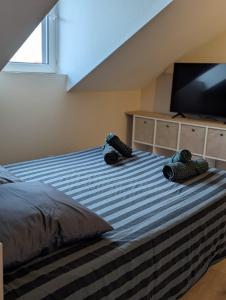 a bedroom with a bed with two stuffed animals on it at Petit appartement 1 Le charmant in Sarreguemines