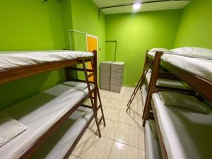 里约热内卢Hostel mundo的一间有三张双层床的绿色房间