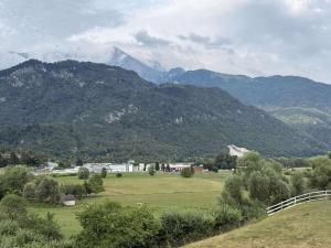 a view of a field with mountains in the background at Apartma Morizna in Kobarid