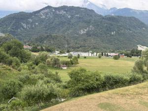 a field with trees and mountains in the background at Apartma Morizna in Kobarid