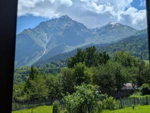 a view of a mountain range with trees and a fence at LAMPAREULA - ლამპარეულა in Zhabeshi