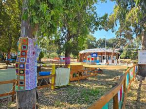 a quilt hanging on a tree in a park at La casa al mare int2 in Lido Di Fondi