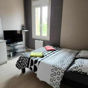 Un dormitorio con una cama en blanco y negro y una ventana. en Les beaux jours chez dali, en Saint-Aubin-le-Cauf