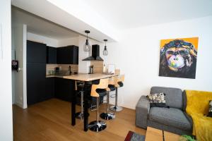 cocina y sala de estar con bar y sofá en L'Arche d'Orléans, en Orléans 19 fotos más