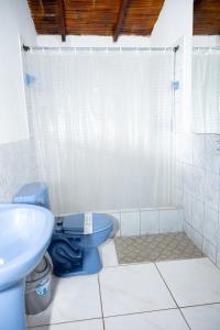 a bathroom with a blue toilet and a sink at La Viña de OsCar in Nuevo Imperial