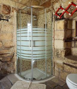 a glass shower in a stone bathroom with a toilet at B&B Pergulea in Sternatia