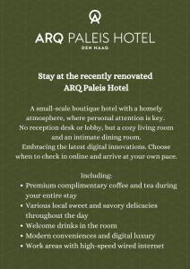 Certifikát, hodnocení, plakát nebo jiný dokument vystavený v ubytování ARQ Paleis Hotel