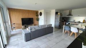 a living room with a couch and a kitchen at Vue Parlement Européen - Grande terrasse au calme - Tram à 2 min - Parking in Strasbourg