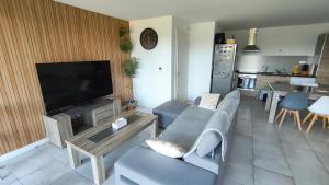 a living room with a couch and a flat screen tv at Vue Parlement Européen - Grande terrasse au calme - Tram à 2 min - Parking in Strasbourg +40 photos