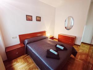 une chambre avec un lit et un miroir dans l'établissement Apartamento Rosalía de Castro Ribadeo, à Ribadeo