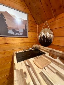ein Zimmer mit einem Herd in einer Holzhütte in der Unterkunft The Dapper Duck Log Cabin in Cosby + 7 Fotos