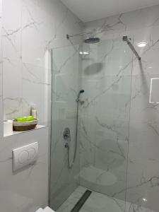 a bathroom with a shower with a glass door at Aurora Mare in Bar