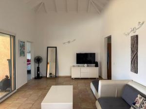 a living room with a couch and a tv at Villa Morne-Bou in Petit-Bourg