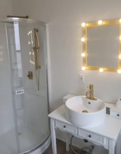 a white bathroom with a sink and a shower at Guest House in McKees Rocks