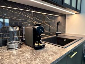 a coffee maker sitting on a counter next to a sink at Le Loft Contemporain - Climatisé & Smart TV au coeur de Dijon in Dijon