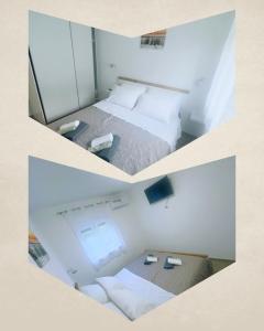 two pictures of a bedroom with a bed and a mirror at Apartmani Lamat in Tribalj