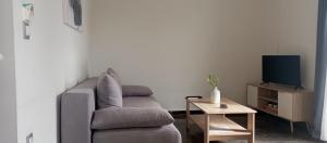 a living room with a couch and a tv at Sunshine Apartments in Kato Daratso