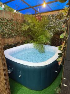 a large hot tub in a garden with plants at Cabaña Vista al Valle in Paraíso
