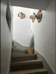 a hallway with stairs with a potted plant and decorations at Appart Hoceima F4 Climatisé Central in Al Hoceïma