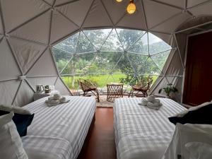 考索Cosy Garden Khao Sok的圆顶帐篷里有两张床，还有大窗户
