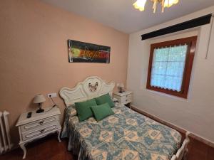 ein Schlafzimmer mit einem Bett mit grünen Kissen und einem Fenster in der Unterkunft Río España - 5 habitaciones in San Miguel