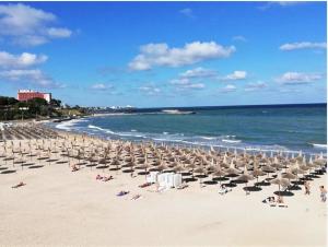 a bunch of umbrellas and chairs on a beach at Mangalia Cozy Suite in Mangalia