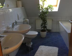 a bathroom with a sink and a toilet and a plant at Ferienwohnung Haus Albsicht in Mössingen +10 photos