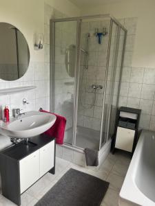 a bathroom with a shower and a sink and a mirror at Ferienhaus Ahlers in Pronstorf +17 photos