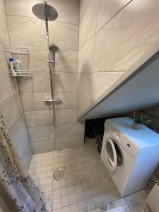 a bathroom with a shower and a washing machine at Metsanõmme puhkemaja in Lümati