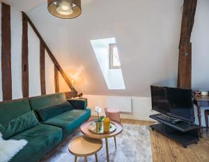 ein Wohnzimmer mit einem grünen Sofa und einem Fernseher in der Unterkunft Les Grisettes -Charme et Histoire -Prox Cathédrale in Troyes
