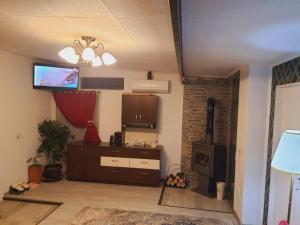 a living room with a stove and a tv at Liliana Home in Bucharest +2 photos