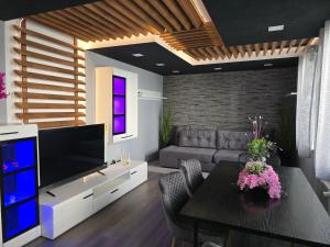 シギショアラにあるVivien Apartmentのソファとテレビのあるリビングルーム