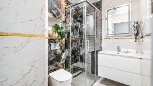 een badkamer met douche, toilet en wastafel bij CONTINENTAL Apartamenty Piamola in Krynica Morska +26 foto's