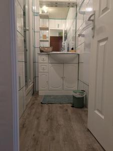 a bathroom with a sink and a mirror at Appartement du Planet in Saint-François-Longchamp +15 photos