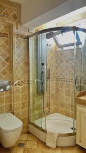 ein Badezimmer mit Dusche und Toilette in der Unterkunft Villa B&D Lou in Fethiye