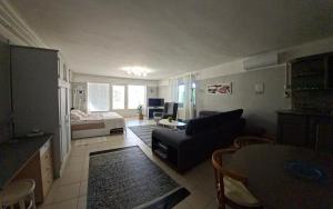 a living room with a couch and a bed at Sirokkó Apartman in Balatonfüred