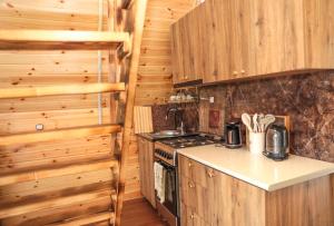 une cuisine avec une cuisinière et un comptoir dans l'établissement Cozy Cottage In Makhindjauri with Forest and Sea Views, à Makhinjauri 16 autres photos