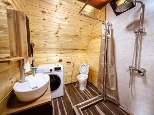 une salle de bain avec toilettes, lavabo et douche dans l'établissement Cozy Cottage In Makhindjauri with Forest and Sea Views, à Makhinjauri