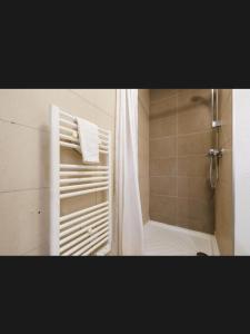 a bathroom with a shower and a towel rack at Studio Pont du Gard in Remoulins +3 photos